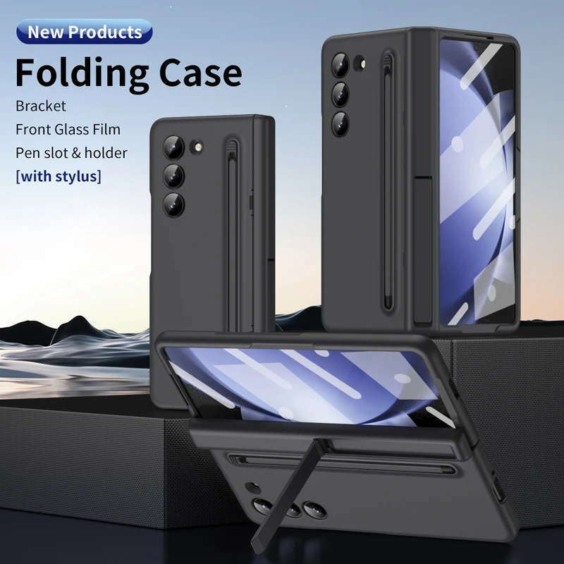 

{With Stylus } For Samsung Galaxy Z Fold 6 5 4 Case Fashion PC Hinge Kickstand Cover With Pen Slot Glass Film For Galaxy Z Fold6