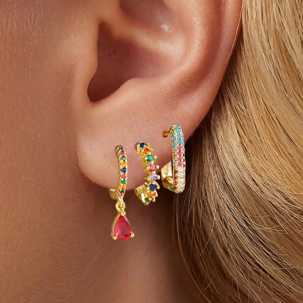 3PCS Exquisite Geometry U-shaped Earrings Set for Women Vintage Gold Color Elegant Zircon Hoop Earrings Winter Jewelry Gifts