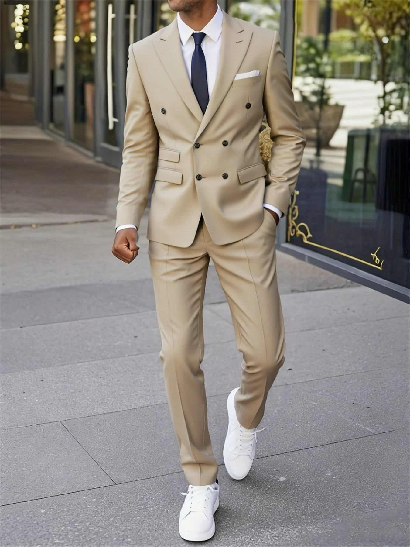 

Men's Groomsmen Suit Set Double Breasted Peak Lapel Jacket Pants Elegant Office Party Wedding
