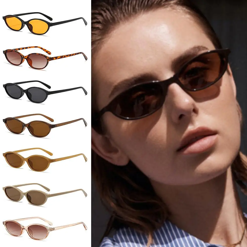 Vintage Cat Eye Oval Sunglasses Lightweight Trendy Narrow Shades 90s Sunnies for Women & Men