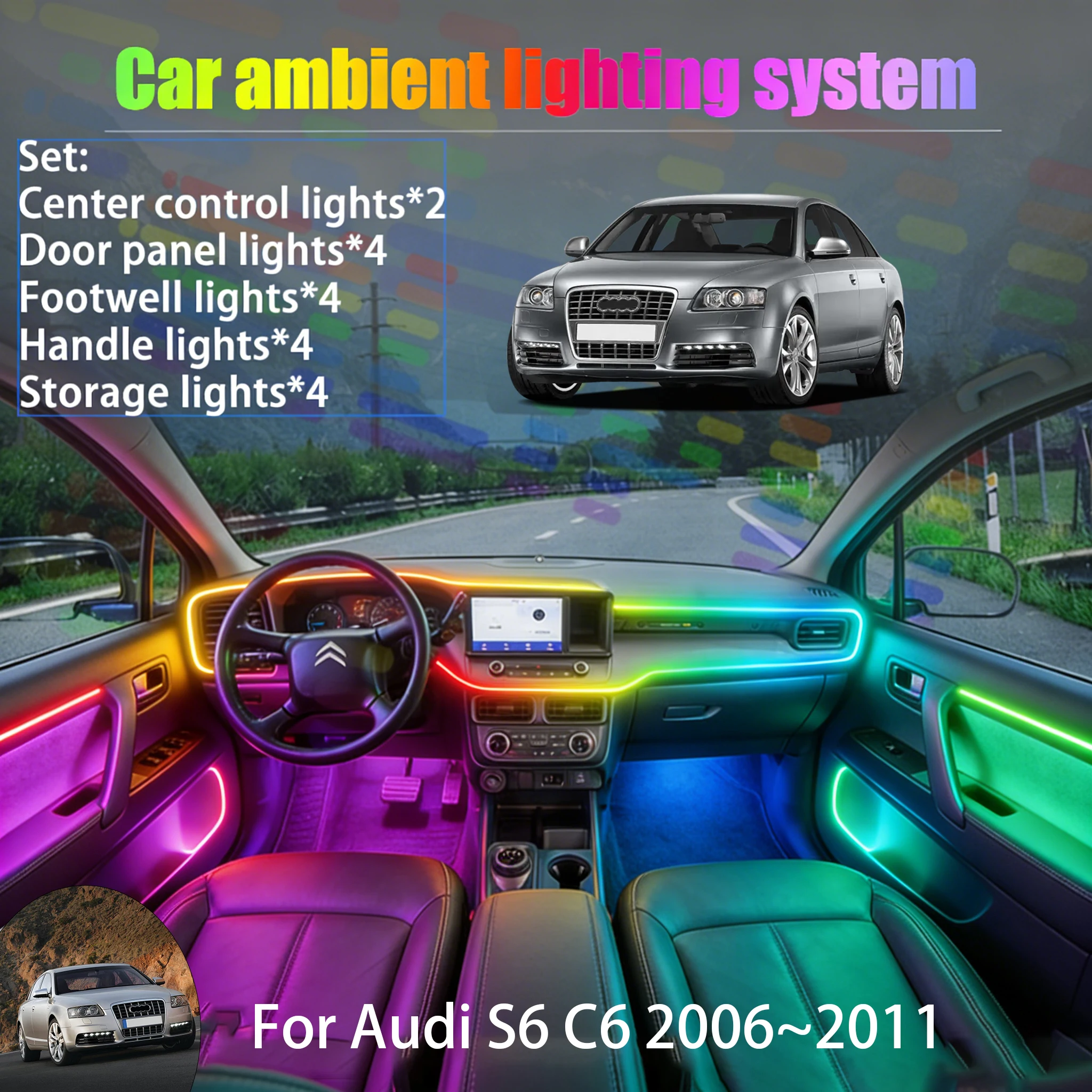 

For Audi S6 C6 2006~2011 MK3 2/18 in 1 Car ambient lighting Led trunk interior led lights USB RGB Ensemble Streamer Auto Parts