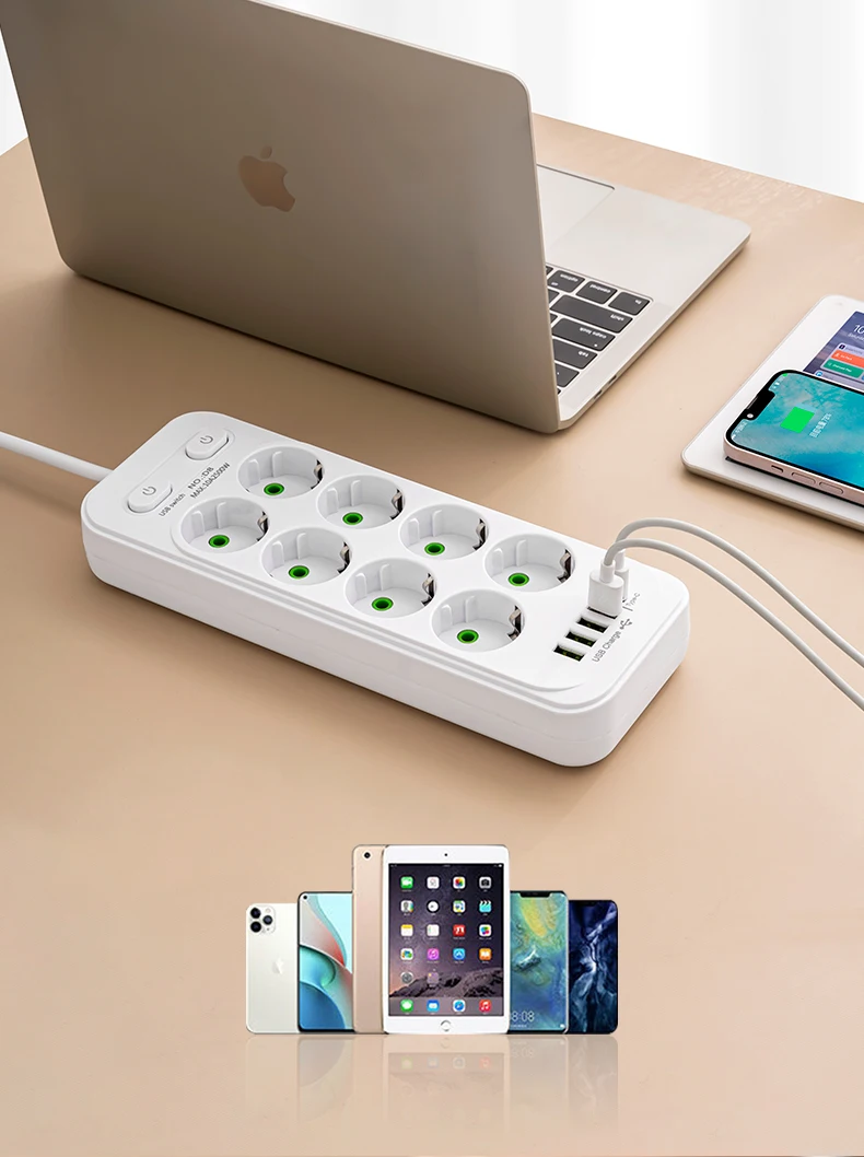 EU-Stecker Mehrfachsteckdose mit 2m Verlängerungskabel, Elektrische Steckdose mit Smart-USB, Überspannungsschutz und Netzwerkfilter für Zuhause und Büro – Detail 12
