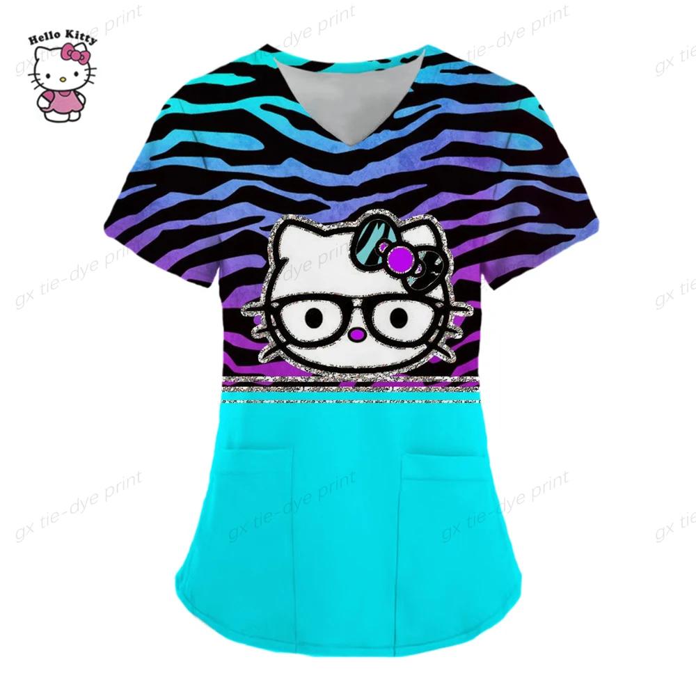 Женская блузка с коротким рукавом, V-образным вырезом и принтом Hello Kitty