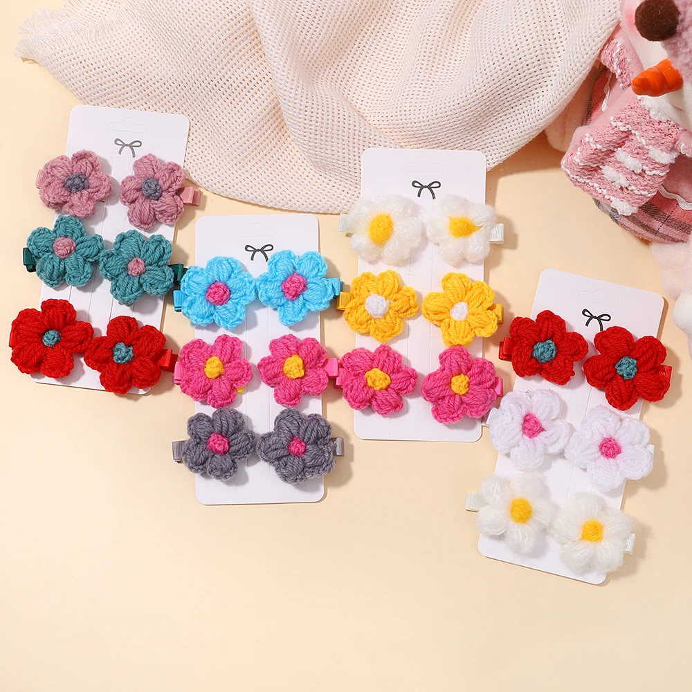 6pcs/set Baby Girls Flower Hairclips Wool Knitting Headwear Handmade Crochet Small Puff Kids Hairpins Cute Baby Hair Accessories