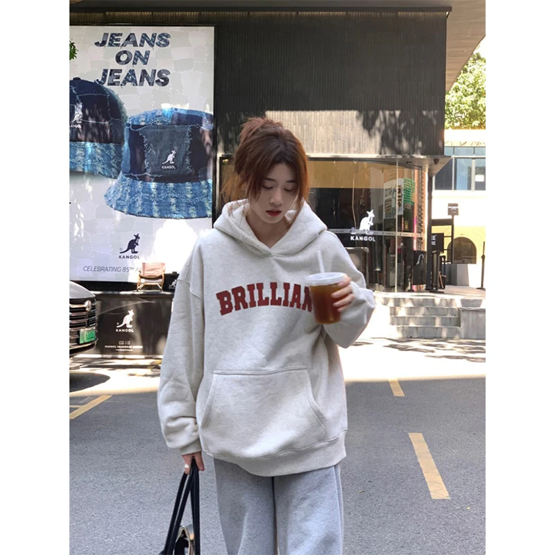 Oversize White Gray Hoodie Women Autumn Winter 2025 New American style Long sleeves Pullover Sweatshirt Y2K Tops Ladies clothing