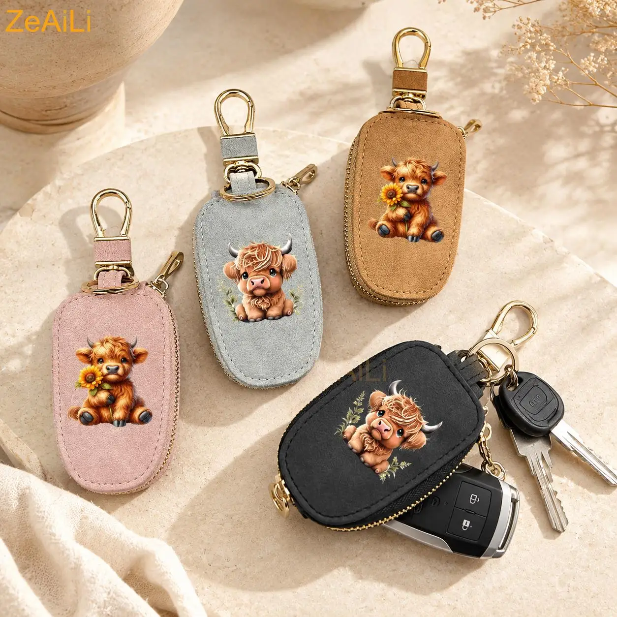 Highland Cow Sunflower Cow PU Key Case Unisex Key Bag Universal Portable Large Capacity Multifunctional Car Key Chain