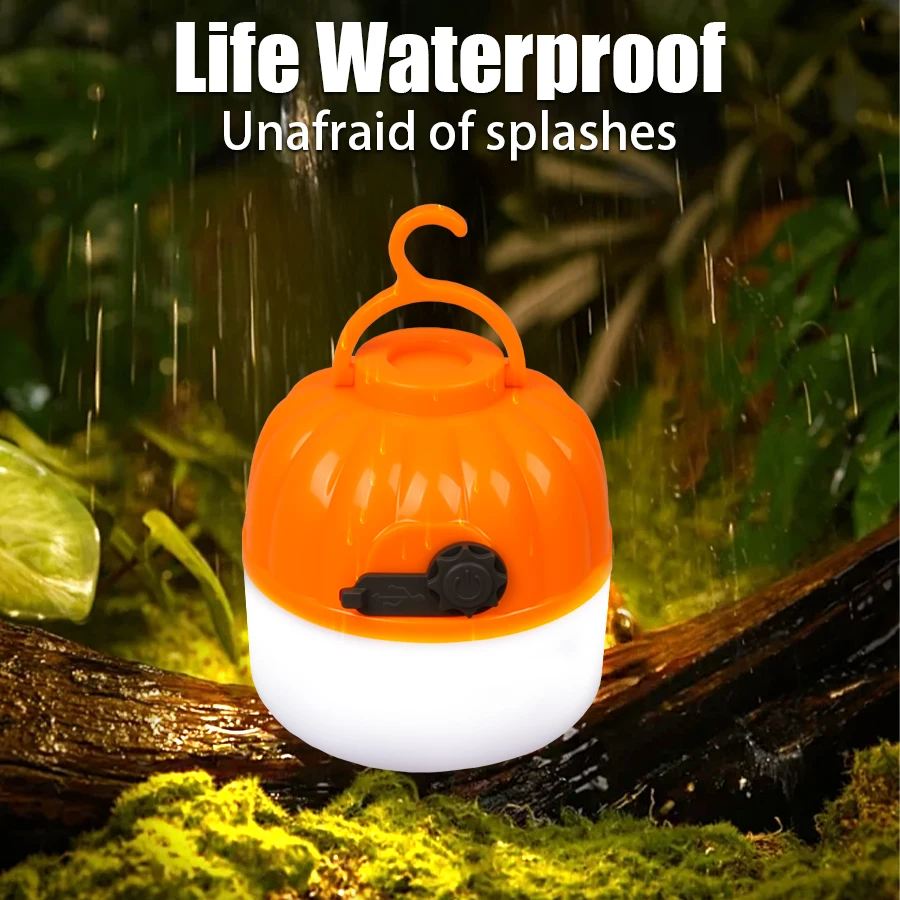 Mini LED Camping Pumpkin Light Type-C Rechargeable Lantern Protable Tent Light with Hook 4 Modes Emergency Floodlight Torch