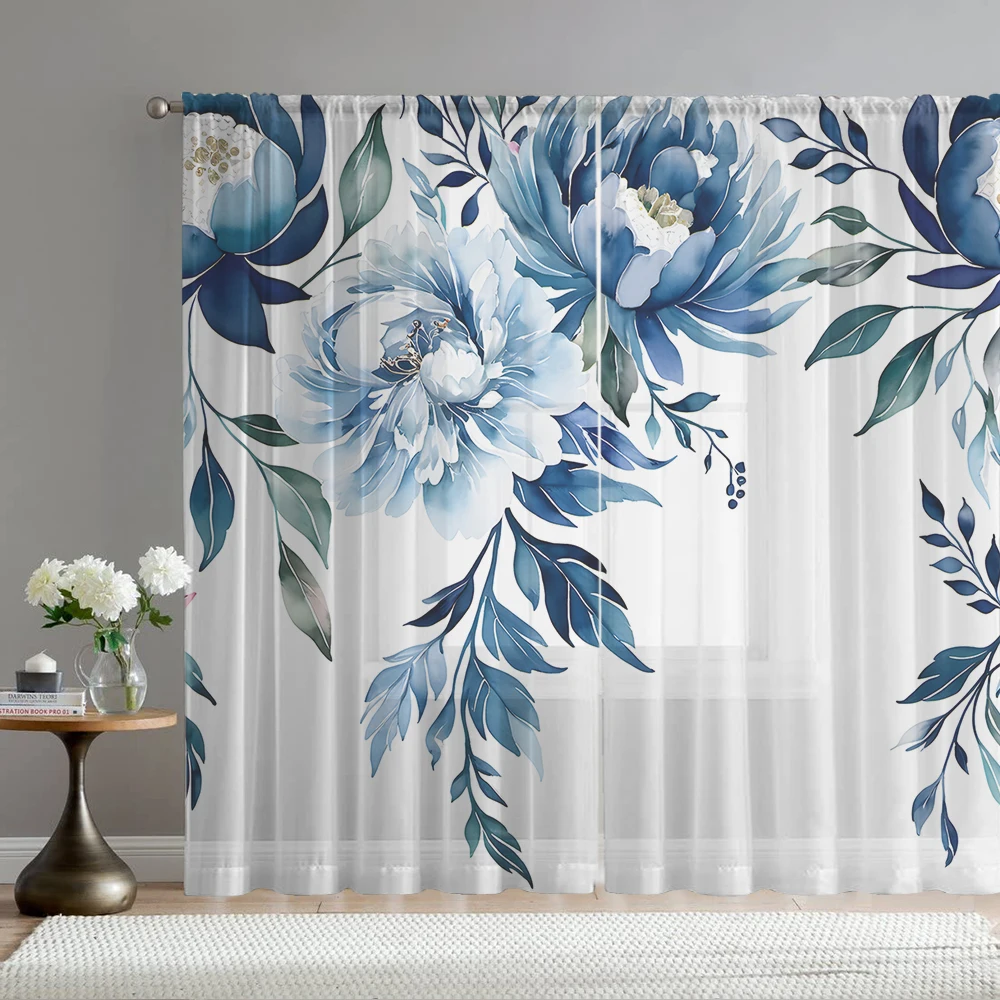 2PCS Home decoration blue floral printed window screens with pole bags, suitable for kitchens, cafes, and living rooms