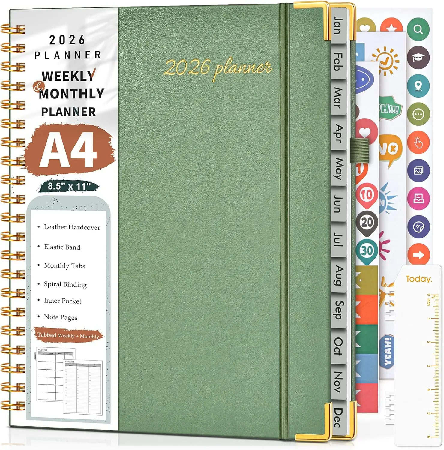 2026 Weekly & Monthly Planner, Hardcover Leather, 8.5x11 Inch, Green Spiral Calendar for School Work Home