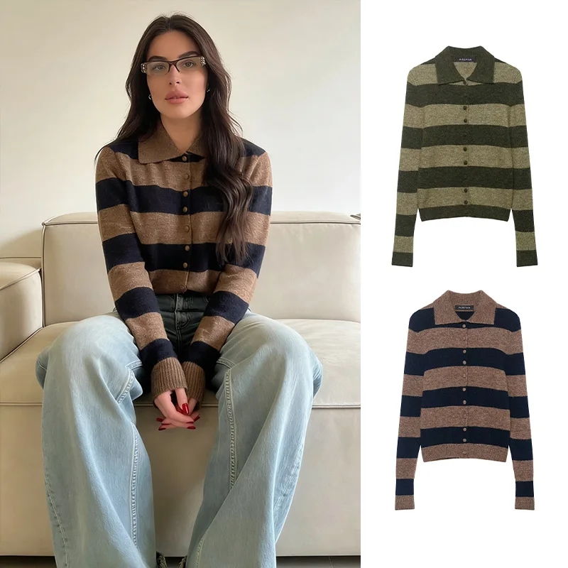 2026 Neuer Damen Gestreifter Pullover mit Polokragen Langarm Strickpullover Weibliche Modische Elegante Lässige Vielseitige Schicke Oberteile