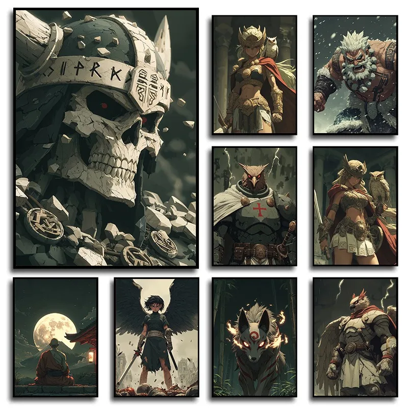 Эпик Фэнтези Аниме Художественный Холст Печать Легендарная Афина Птица Воин Монах Викинг Череп Плакат Темный Научно-Fi Тематический Настенный Декор Подарок