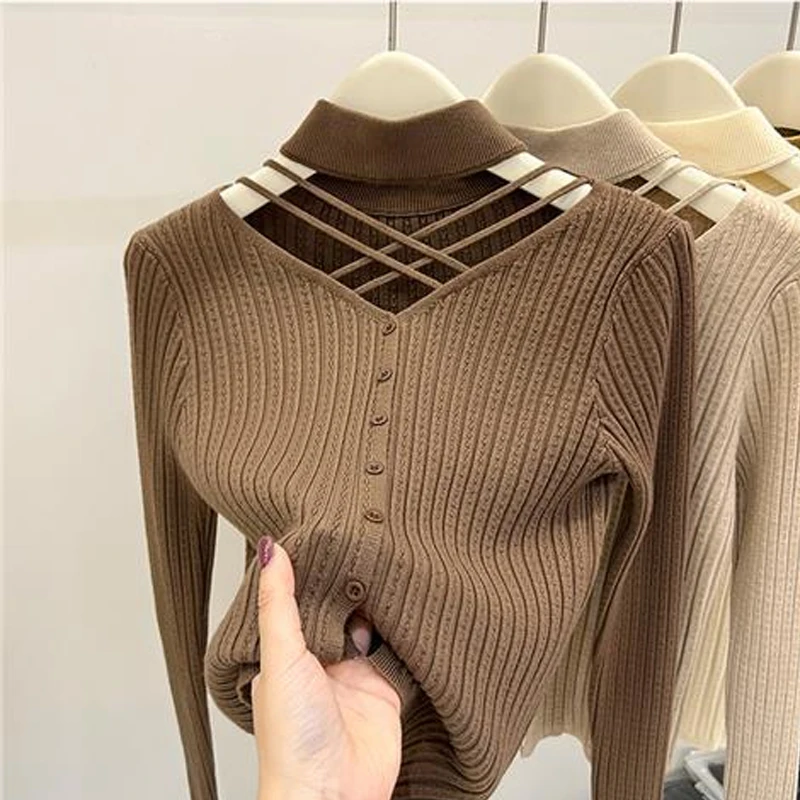 2024 mode Halb Stehkragen Hohl Pullover für frauen Herbst und Winter Neue Einfarbig Gestrickte Unten Strickjacke 31015