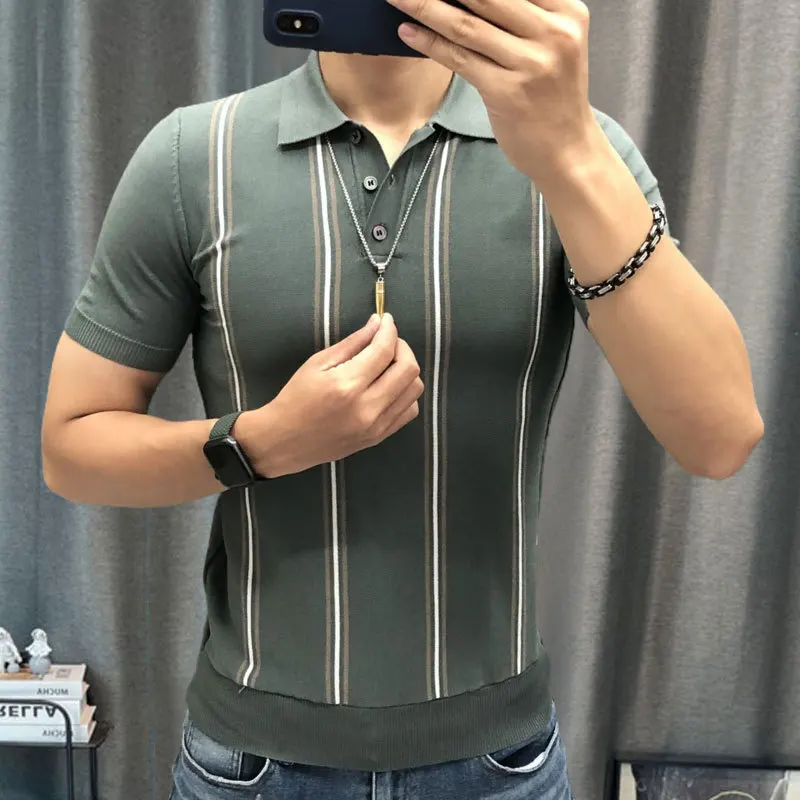 2023 Stripe Contrast Stitching Lapel Short Sleeve Tshirt High Quality Knitted Top Stripe Color Matching Knitted Polo Shirt