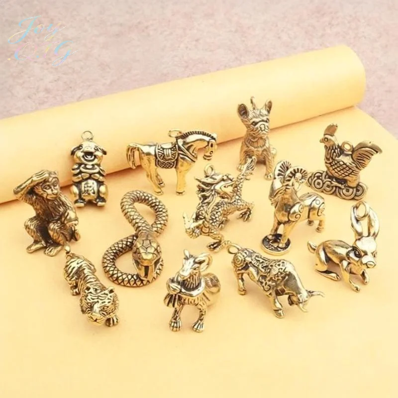 Hot Retro Chinese Twelve Zodiac Statues Bull Dragon Ornament Sculpture Copper Miniatures Figurines Zodiac Key Pendant Home Decor