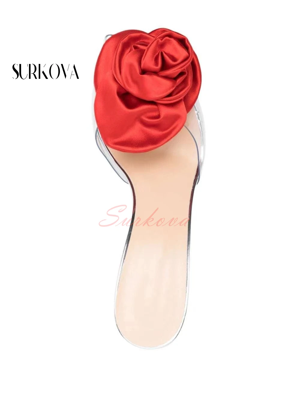 Red Satin Rose Slippers Transparent Pvc Open Toe High Heel Sandals Ladies Summer Outdoor Slippers Fashion Cat Heel Slippers New