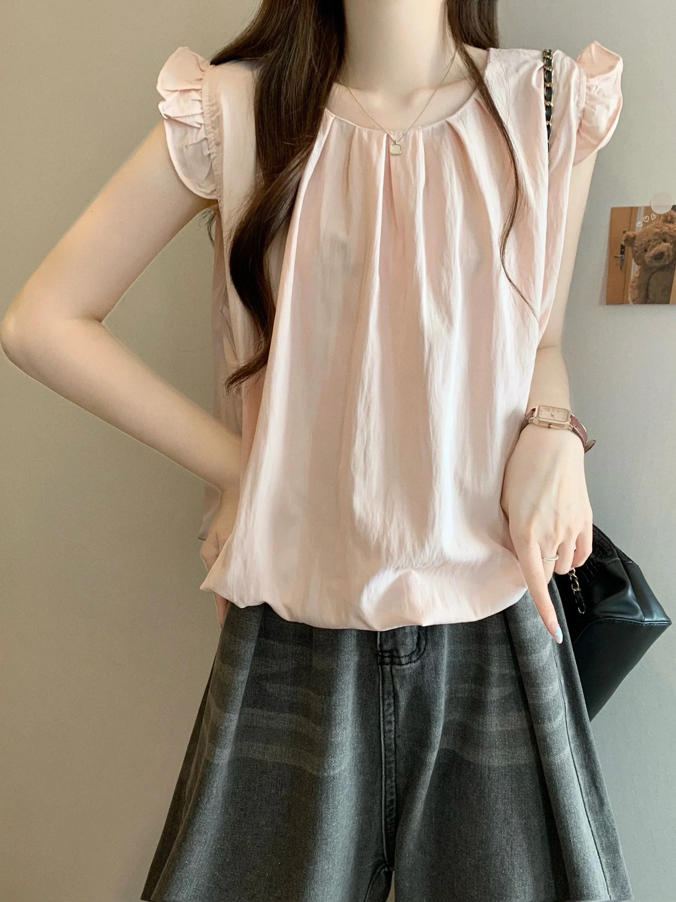 

2026 New Version Doll Shirt French Style Slim Fit without Sleeve Wood Grain Design Flying Sleeve Top Women's Fashion