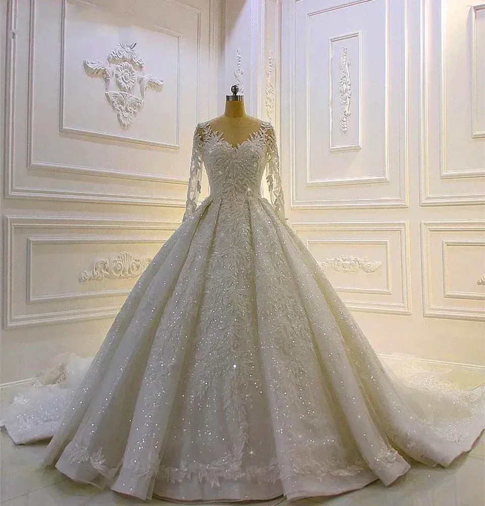 

Ivory Wedding Dresses Bridal Gowns O-Neck Long Sleeve Floor-Length Tulle Applique Lace Up Plus Size Ball Gown Customized
