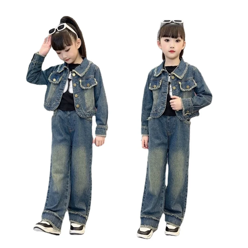 Kids  Girls' Denim Set Autumn New Fashionable Big Boy Coat Wide Two Piece  Sport Sets 4-12 Ages