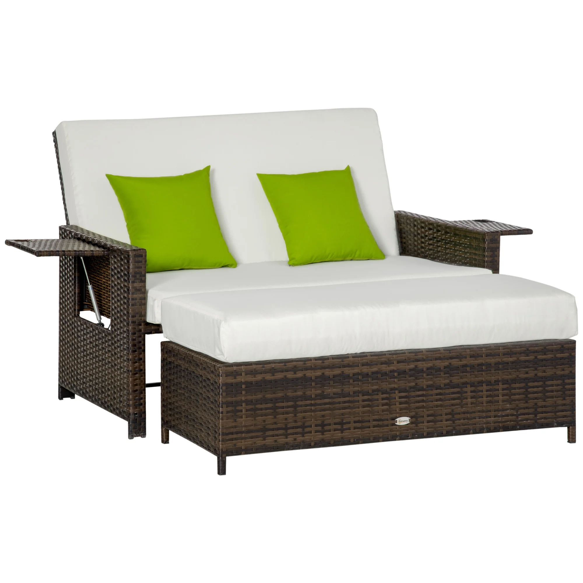 Outsunny 2 seater rattan sofa with table and footrest storage garden lounger with tilt back 130x72x96cm