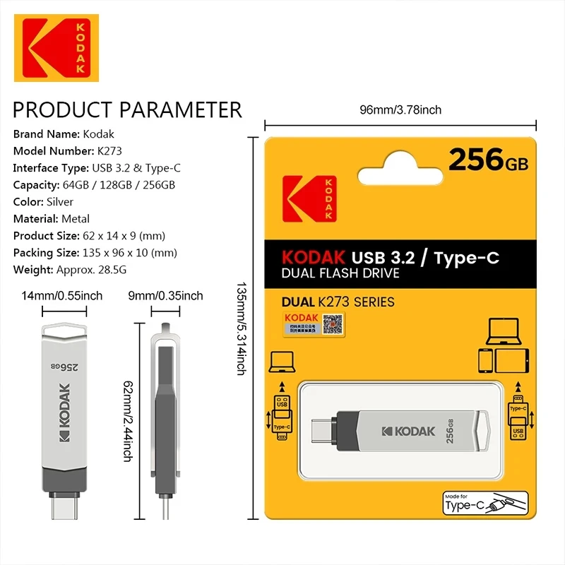 Kodak Type C Pendrive USB 3.2 Metal USB Flash Drive 128GB 64GB 32GB 256GB HDD 2 in 1 U-disk for Keys Smartphone Laptop Desktop