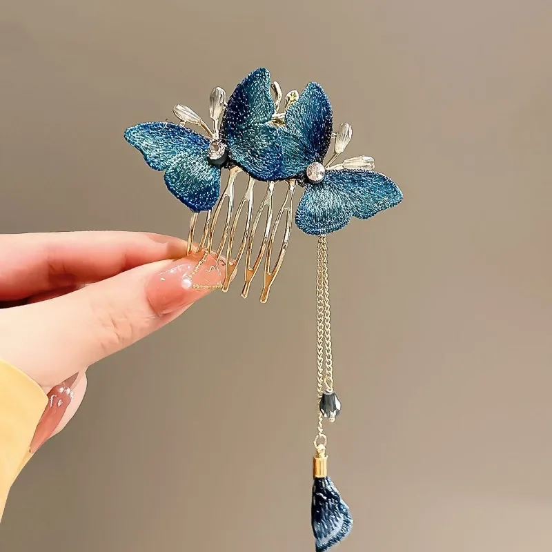 Gradient Blue Butterfly Hair Comb Clip Vintage Elegant Women Girls Ponytail Hair Clip Flower Leaf Tassel Hairpin Styling Tools