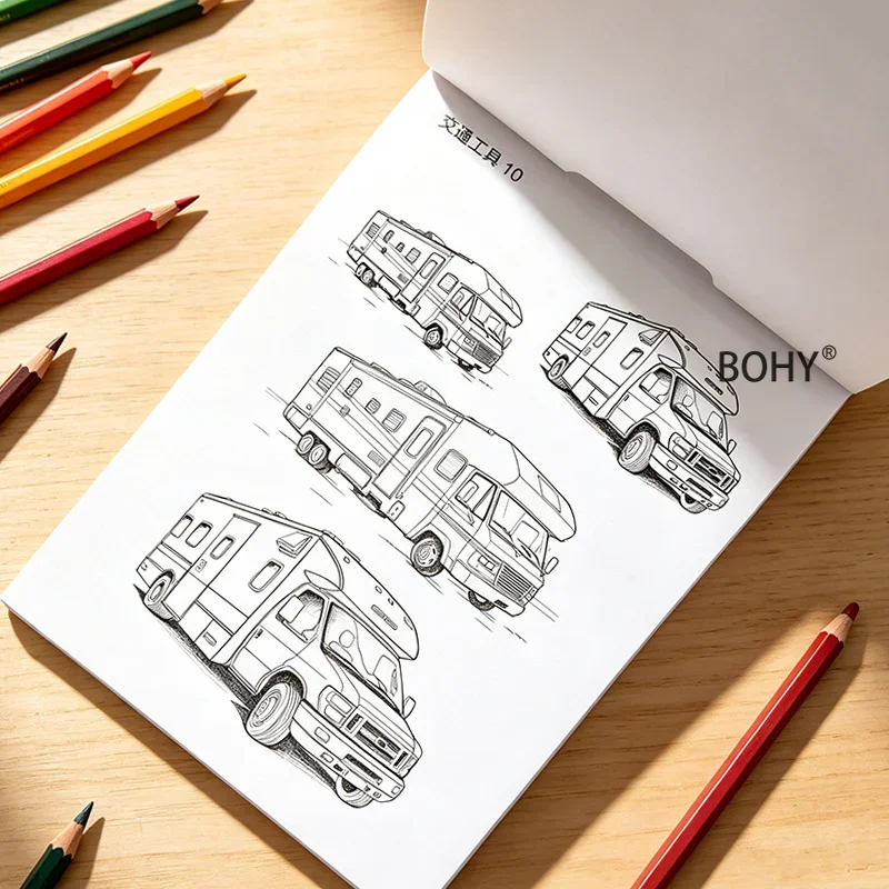 1 Zero Basic Control Pen Coloring Book, 48 Pages of Fine Line Drafts As Off-road Vehicles/motorcycles/helicopters Other Vehicles