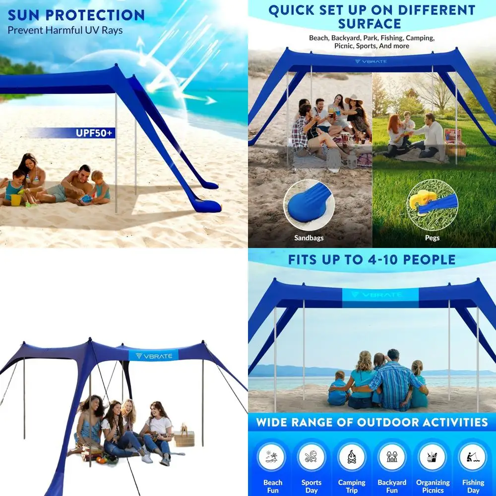 

Портативный двухцветный тент от солнца 3х3 м (10x10 футов) с защитой UPF50, 4 опорами, кольями для крепления, мешками с песком, веревками для защиты от ветра и сумкой для переноски — идеально подходит для пляжа, кемпинга