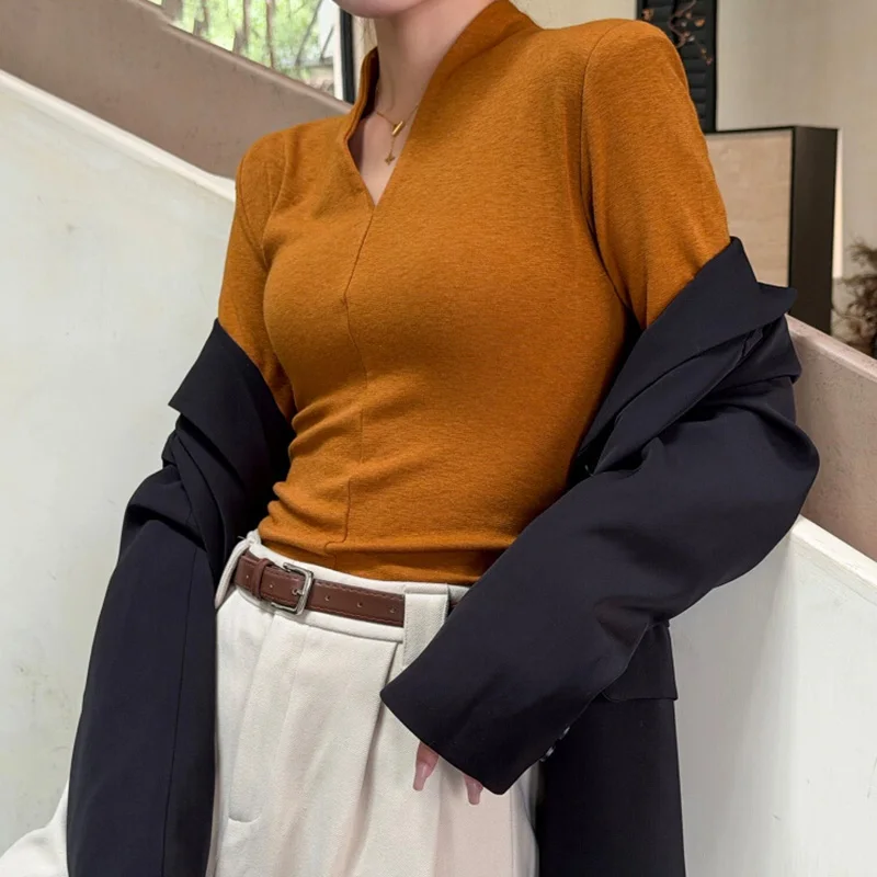 

Women's Fashion V-Neck Long Sleeve Slim-Fit Fleece Top - Warm & Versatile Basic Tee for Daily Casual & Layered Wear