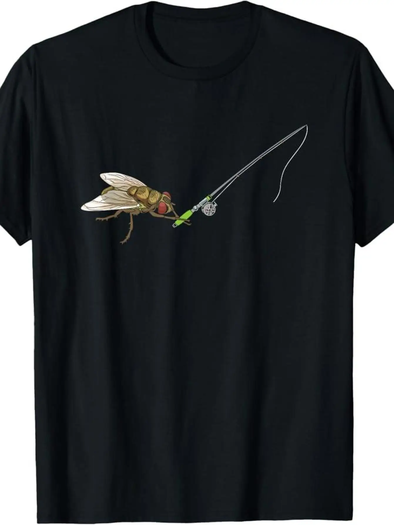 

Fly Fishing Pun Graphic Tee Insect Holding Rod Black Cotton Short Sleeve Shirt for Anglers