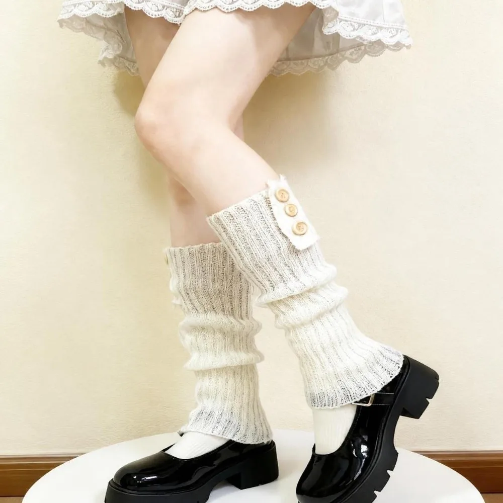 Crochet Lolita Leg Warmers Stretchy Retro Buttons Decoration Knitted Boot Cuffs Warm Foot Cover Fluffy Long Knitted Socks