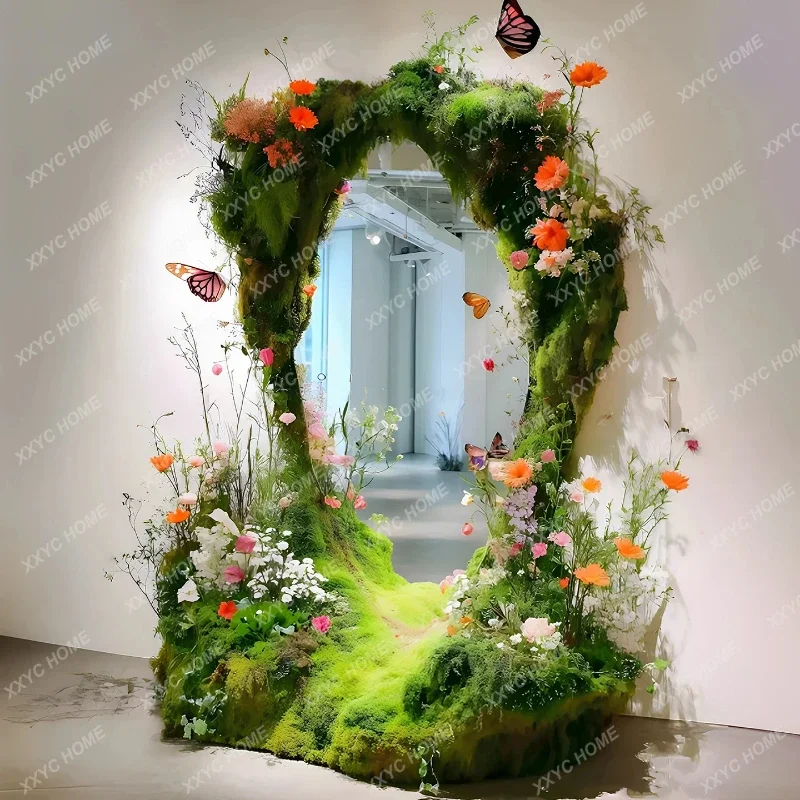 A Moss mirror simulation moss plant DIY micro landscape full body mirror transformation clock in photo green plants beautifu