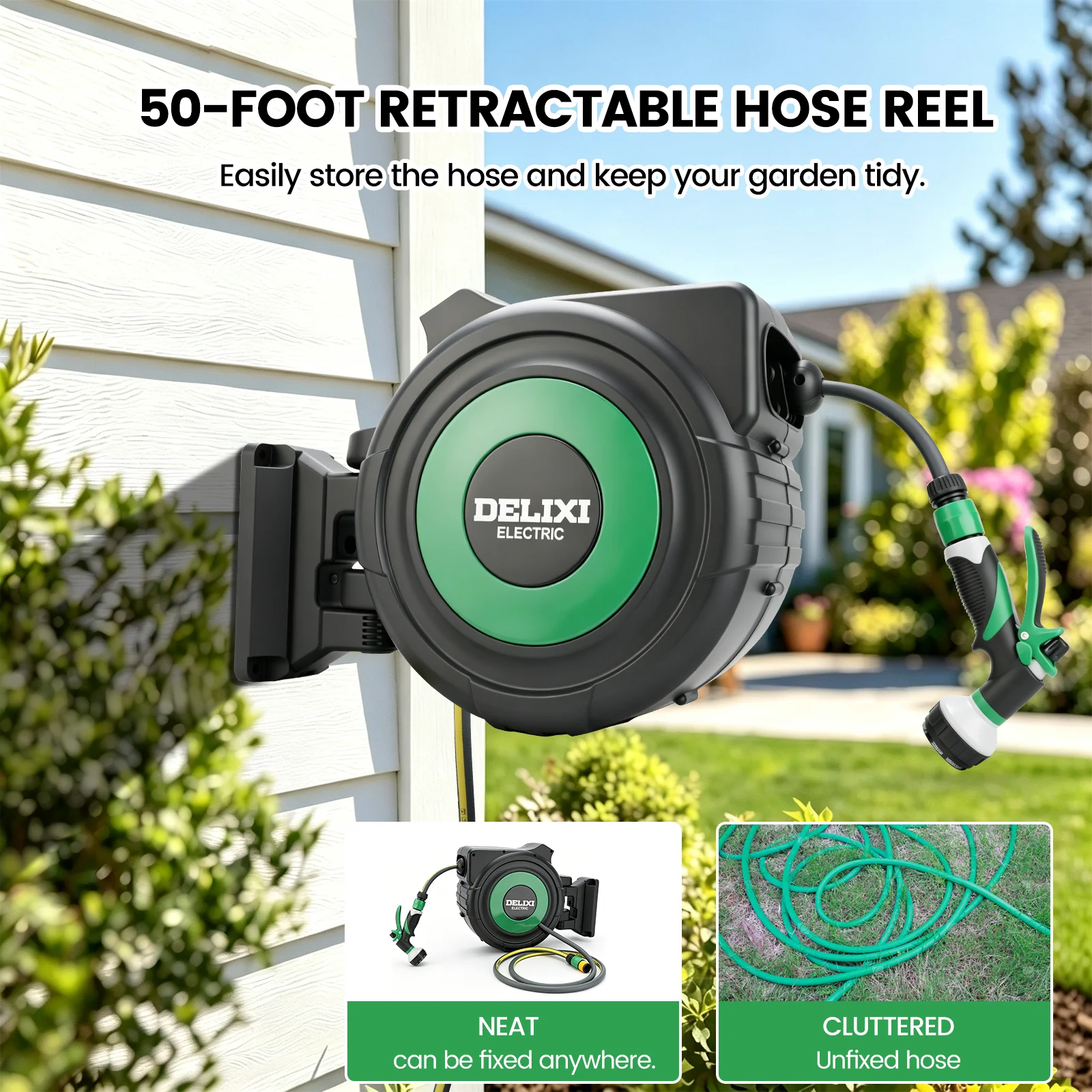 Heavy-Duty 50FT Extendable Garden Hose Reel Wall-Mounted with Automatic Drain Water Gun 10 Spraying Modes for Outdoor Watering Car Wash Lawn Care