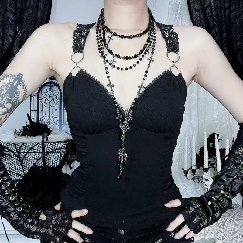 

Retro Slim Hottie Camisole American Subculture Lace Patchwork Halter Vest Sexy V-neck Zipper Tanks Women Y2K Aesthetic Chic Tops