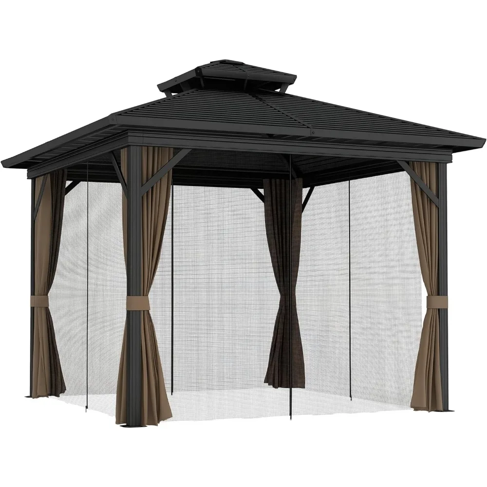 

Навес для беседки с твердым верхом 10 x 10 футов с двойной крышей из оцинкованной стали, алюминиевой рамой, уличная беседка с постоянным павильоном