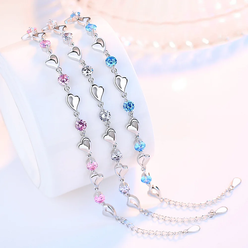 925 Sterling Silver Zircon Lovers Heart Shaped Bracelets Crystals For Women Valentines Gift Wedding Party Noble Jewelry