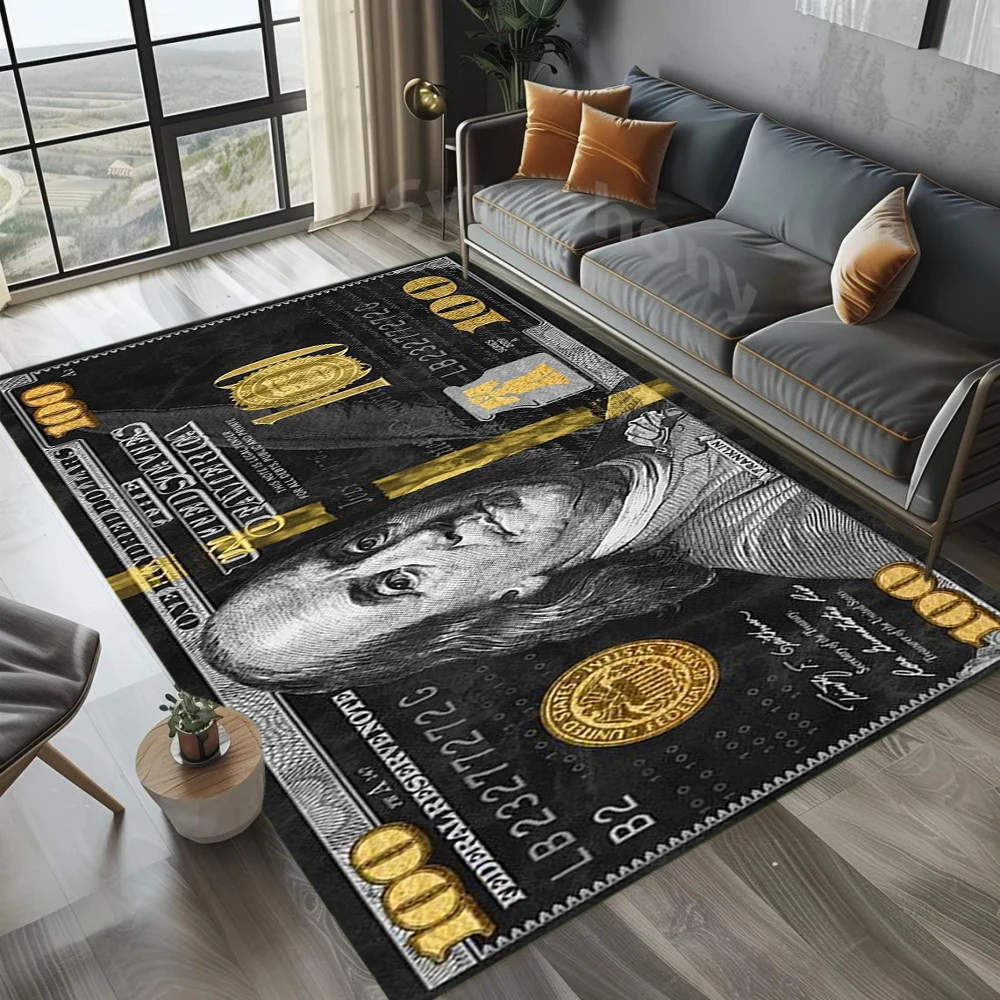 Alfombra con billete de dólar, alfombra dorada y negra de lujo, creativa, moderna, antideslizante, duradera, decoración del hogar, dormitorio, sala de estar, estudio