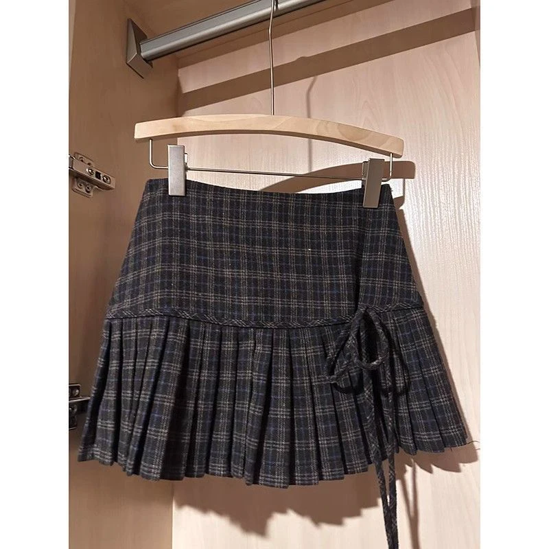 

Винтажная клетчатая шерстяная мини-юбка женская Harajuku с бантом на шнуровке плиссированные юбки зимняя уличная одежда корейский консервативный дизайн A Line Faldas