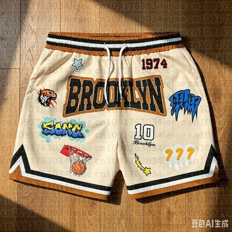 2026 Summer Y2K Graphic Print Basketball Shorts Men's Casual Quick-dry Beach Shorts Comfy Relaxed-Fit Flexible Shorts