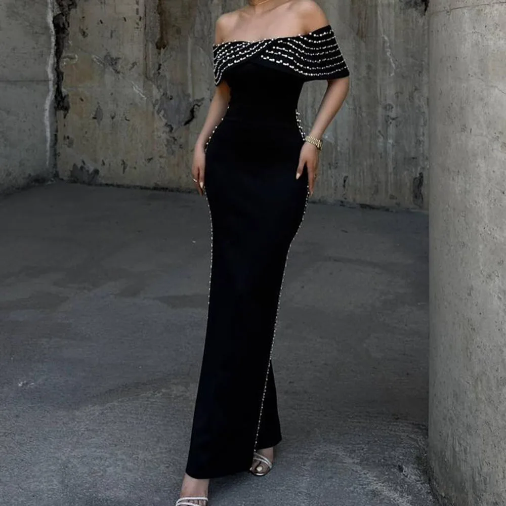 

Customized Straight Prom Dresses Ankle-Length Off The Shoulder Sleeveless Evening Gown Fashion Crystal Backless Party Gown