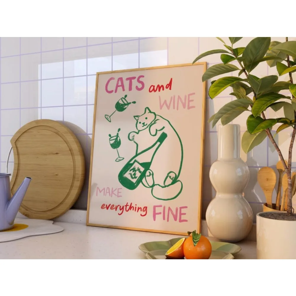 Cats and Wine Kitchen Print, Colourful Kitchen Print, Abstract Kitchen Poster, Kitchen Decor, Kitchen Print Inspo, Housewarming