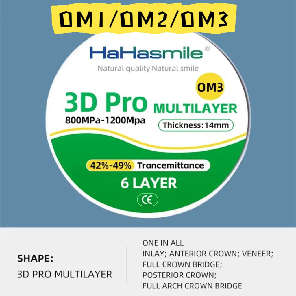 

OM1 OM2 OM3 3D Pro Multishade Zirconia Discs 98mm | 6-Layer Gradient | CAD-CAM Compatible Dental Laboratory Blanks