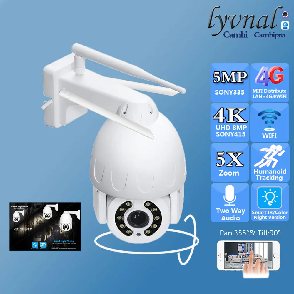 

4K 8MP Wireless Surveillance IP Camera Wifi /3G 4G Sim Card PTZ Dome 5X Zoom Human Auto Tracking Audio IR&Color Night Vision
