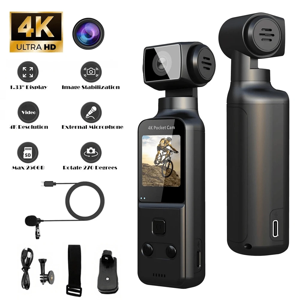 

4K 30fps pocket Camera 270 Degree HD Anti-Shake Rotation Portable Sport Motion with Mic Clip 1.33 Inch Screen Pocket Digital Cam