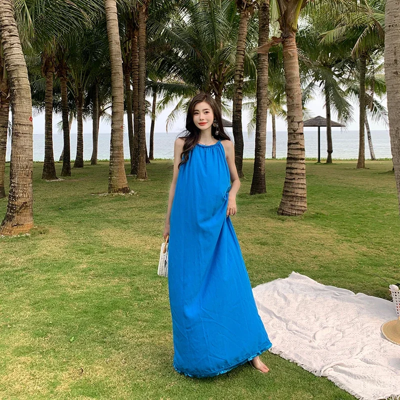 New Blue Midi Summer Women Chic Dresses with Split 2024 Simple Loose Robe Beach Vacation Casual Long Sundress French Lazy Style