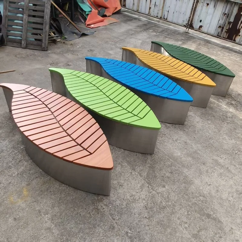 Outdoor stainless steel finished stool leaf square community rest landscape seat outdoor preservative wood park chair