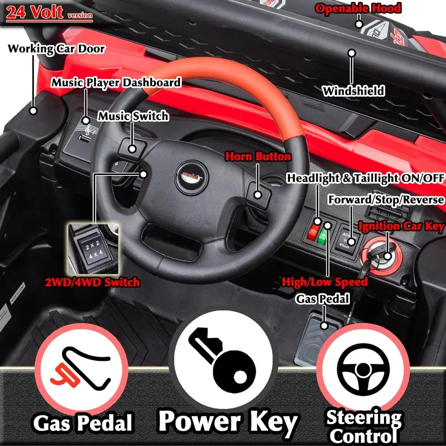 24V Kids Ride On Car with Remote Control Battery Powered 4 Wheeler 2x2/4x4 Motorized Ride On UTV Ride On Toys for Boys Girls, EV