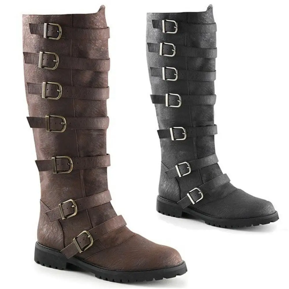 Renaissance PU Leather Medieval Pirate Boots Fashion Men's Steampunk Riding Long Boots for Halloween Party