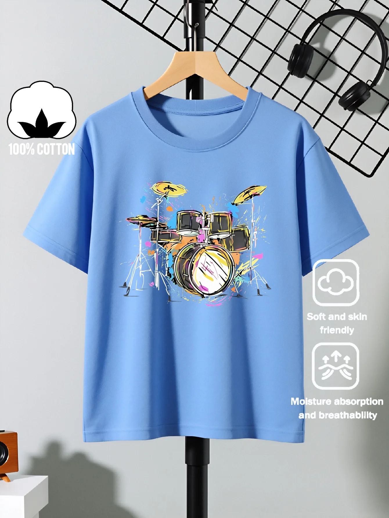 Colorful Drum Group Abstract Art Design Print Machine Washable Outdoor Activity Top Comfortable Round Neck Parent-child T-shirt