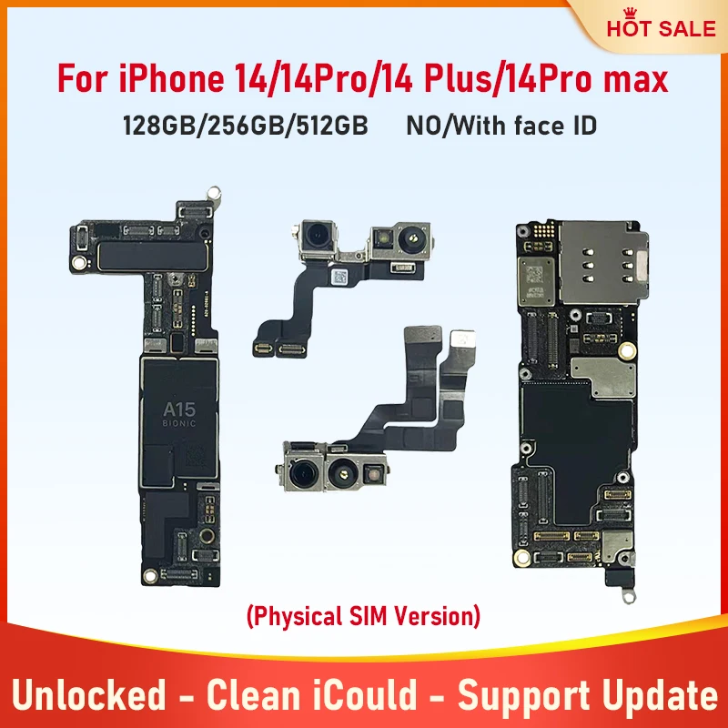 Placa base totalmente probada para iPhone 14 Pro Max 14 Pro 14 14 Plus, placa base con identificación facial desbloqueada, placa lógica iCloud limpia