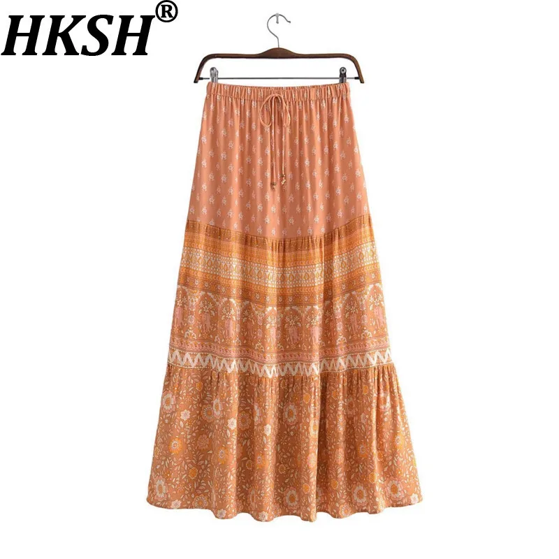 

HKSH Новая летняя женская юбка с цветочным принтом и эластичной резинкой на талии, плиссированные трапециевидные милые повседневные юбки в стиле пляжного отдыха, HK15126